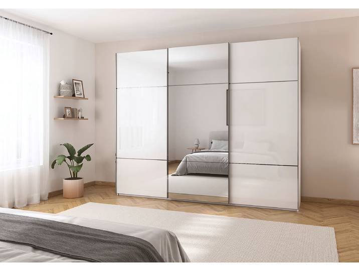 Armoire coulissante Covalo façade verre 271cm Blanc/Blanc Chrome Avec portes miroir