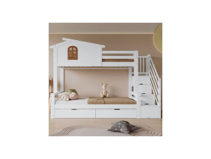 Lit superposé enfant - SOGEU - Lit superposé enfant - 90x200 - Bois blanc/naturel - Gigogne et tiroirs