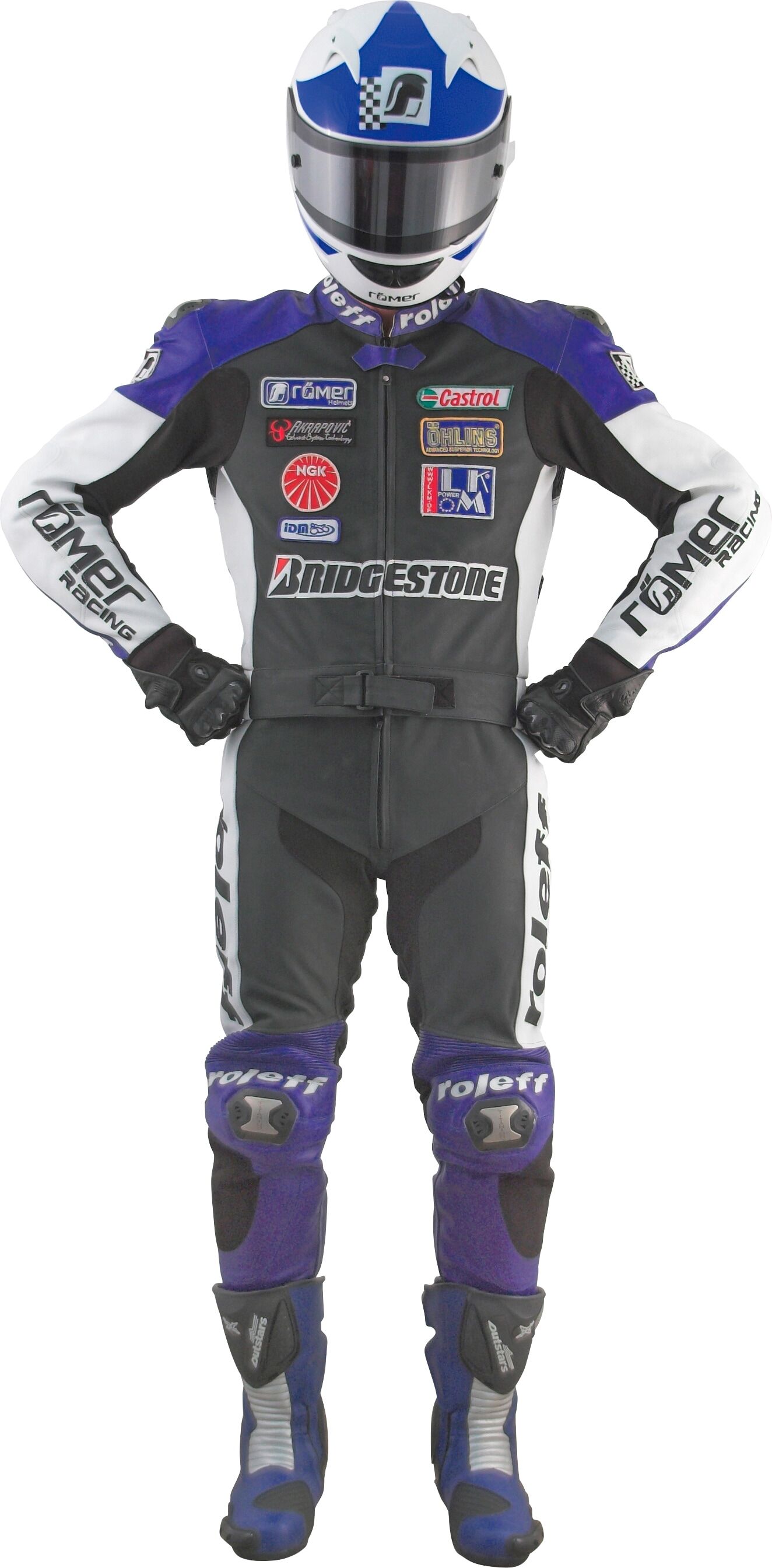 Motorradkombi ROLEFF "Hockenheim Black Edition" Gr. 52, blau (blau, schwarz, weiß ro314), Overalls, 52, N-Gr, Obermaterial: 100% Rindsleder. Innenfutter: 100% Polyester, Motorradkombi