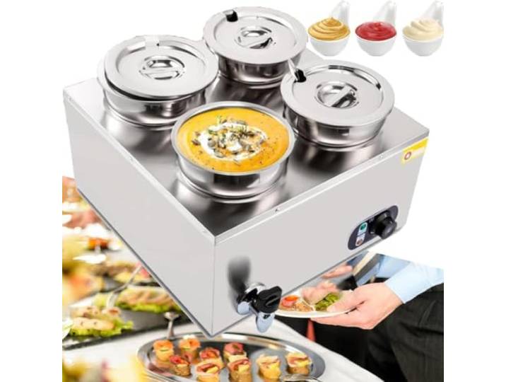 4x7L Gewerblicher Suppenwärmer, 1500W, Edelstahl, Mit Deckel Eigenschaften: Temperaturregelung (30–85 °C), inklusive Deckel Verwendung: Buffet, Catering, Restaurant