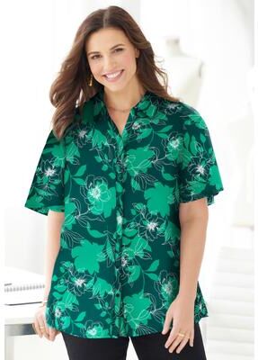 Plus Size Women's Timeless Short Sleeve Blouse by Catherines in Green Graphic Garden (Size 4X)