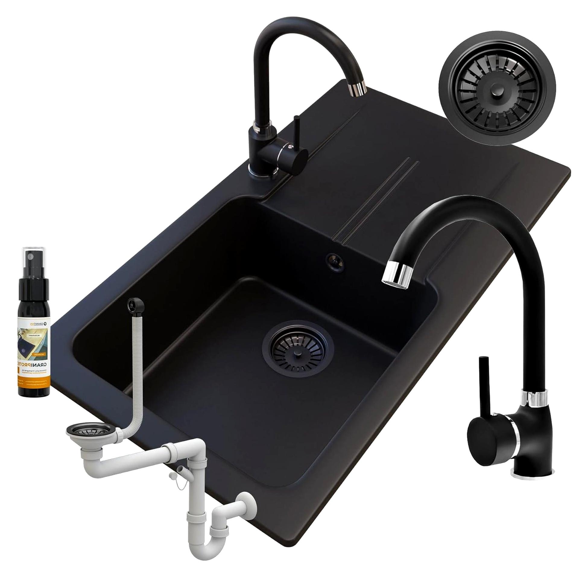 Schwarzes Granitspülbecken Set TASOS 78x44 cm - mit BETA Armatur und Siphon - umkehrbares Design, Abtropffläche, Kalkschutz, robuster Messingauslauf