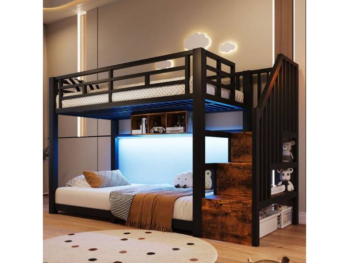 Lit superposé métal lit enfant 90x200 cm bandes LED 3 compartiments escalier avec rangements garde-corps sans matelas noir
