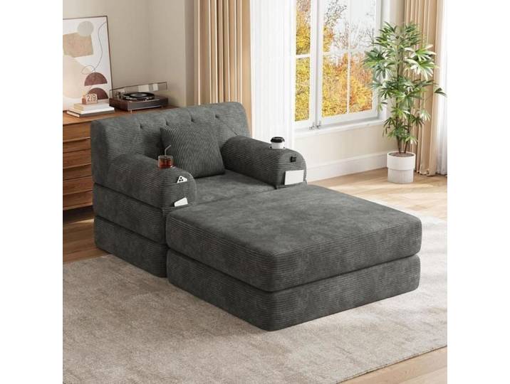 Fauteuil convertible - KOMHTOM - 1 place - velours côtelé - pouf & 2 gobelets - mousse haute densité