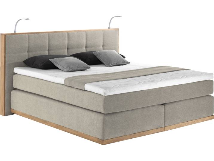 Boxspringbett HOME AFFAIRE Vinton , beige, B:200cm L:213cm, Komplettbetten, Boxspringbett, aus Eiche, mit LED-Beleuchtung, verschiedene Härtegrade (auch H4)