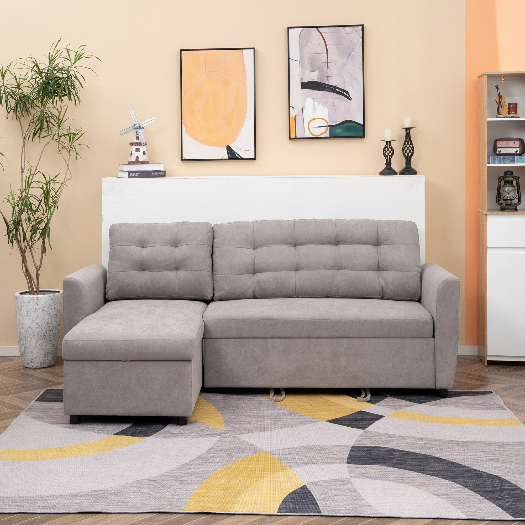 Homcom Divano Letto 3 Posti con Vano Contenitore in Tessutto Effetto Lino, Divano Letto Penisola, 217x134x85 cm, Grigio   Aosom Italy