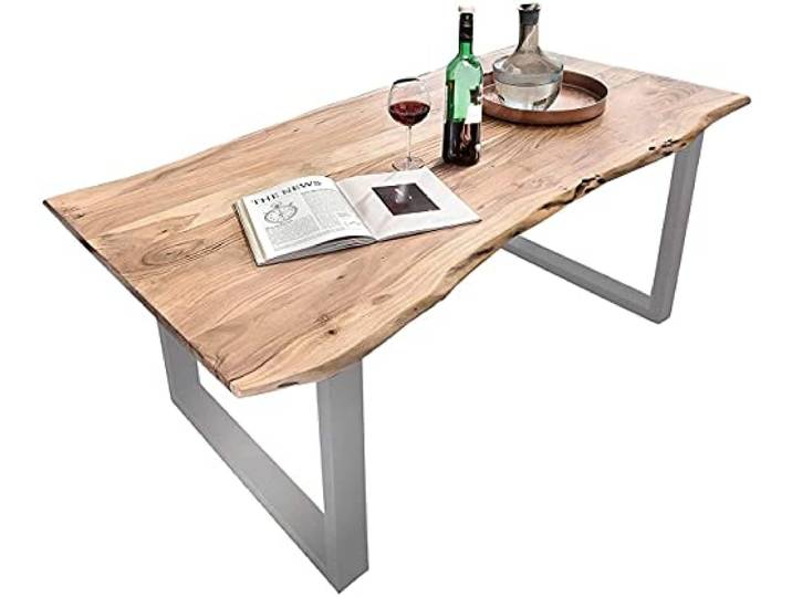 SAM Esstisch Quarto 220x100 cm Akazie natur / U-Gestell silber massiv, Echte Baumkante, Akazienholz naturfarben, Tischplatte 26 mm, Industrial-Design, Baumkantentisch, Esszimmertisch
