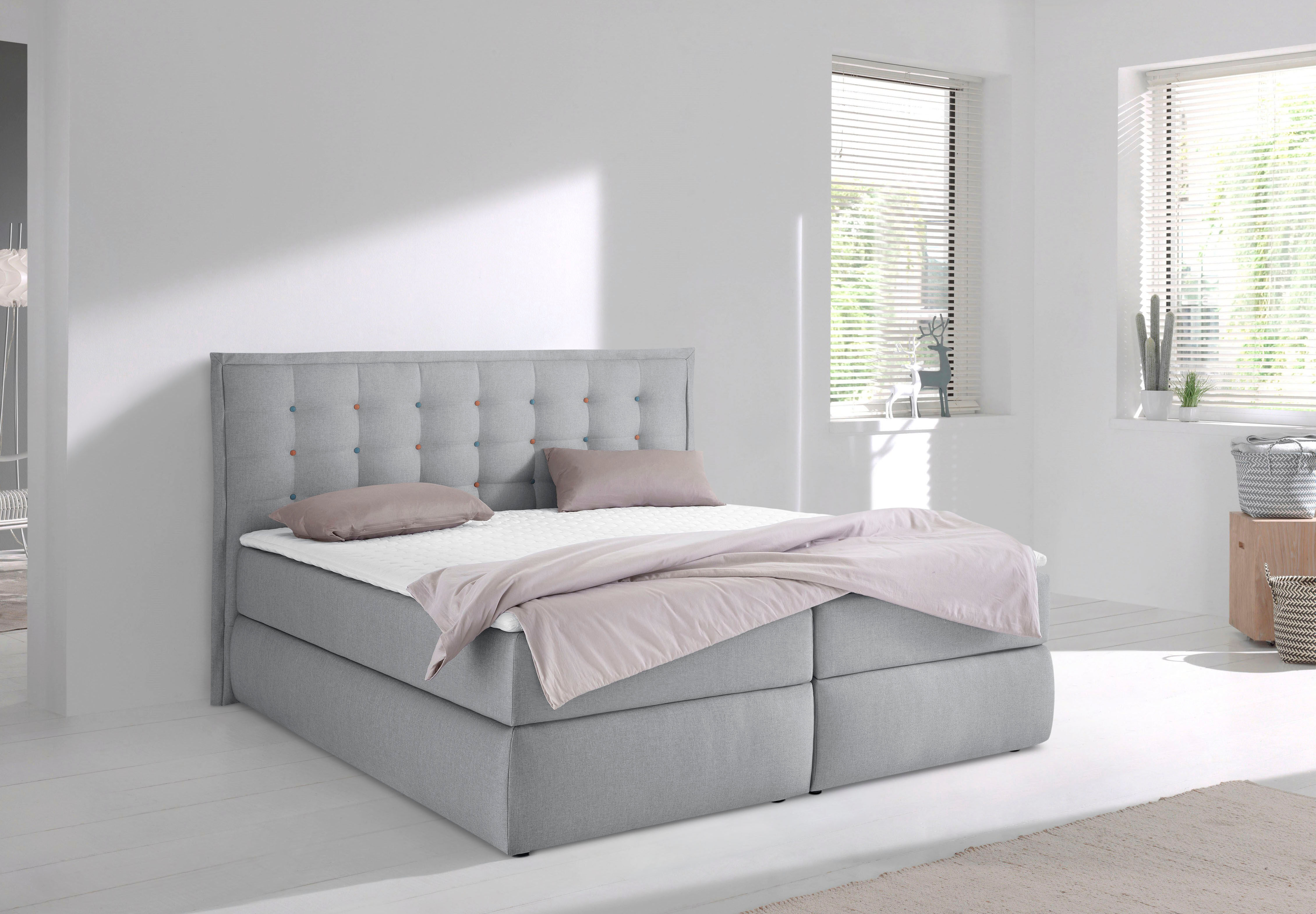 Boxspringbett HOME AFFAIRE "Sagres", grau, B:195cm L:210cm, Feinstruktur(100% Polyester);Bezug der Spiegelfläche Matratzendrell aus 100% Polyester, Komplettbetten, Boxspringbett, Kopfteil mit 2farbiger Flatterbiese und zweifarbigen Knöpfen