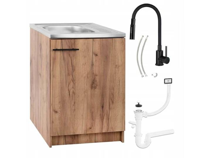 Stamar Möbel Spüle mit Unterschrank 60 cm Eiche Gold Küchenspüle 1-Kammer & Edelstahl-Spülbecken kompakter Spülenunterschrank für Küche, Standschrank 50cm Tiefe Siphon Montagefertig