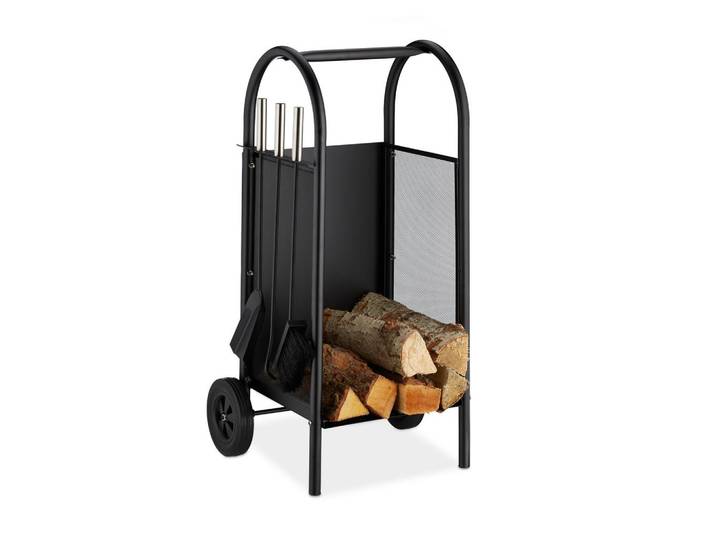 Relaxdays Kaminholzwagen Schwarz Stahl 3-teiliges Kaminbesteck, Metall, Kunststoff, 42x81x37 cm, Kleinmöbel, Kamine & Zubehör