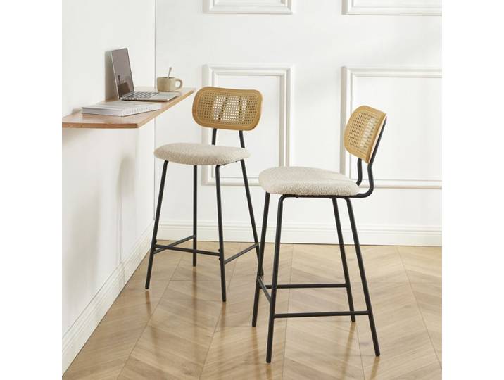 Lot de 2 tabourets TINA tissu bouclette crème et cannage rotin - Beige