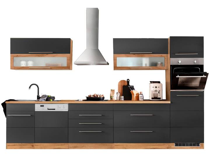 Küchenzeile, Spanplatte, Schwarz, 350×200×60 cm, Mit E-Geräten, Modern, Kochstation