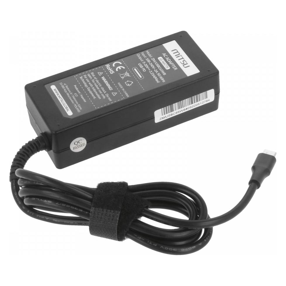 Mitsu Zasilacz sieciowy 65W USB-C, USBC, 5-20V, 3-3.25A (black) do notebooka (65 W) (ZM/USBC65WB)
