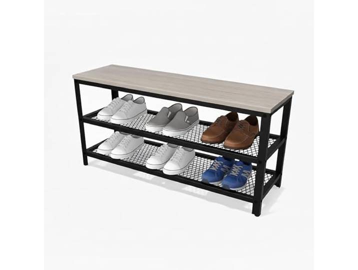Relaxdays Schuhbank, 6-8 Paar Schuhe, Größenwahl, 2 Gitterablagen, Sitzbank in Holzoptik, Farbwahl