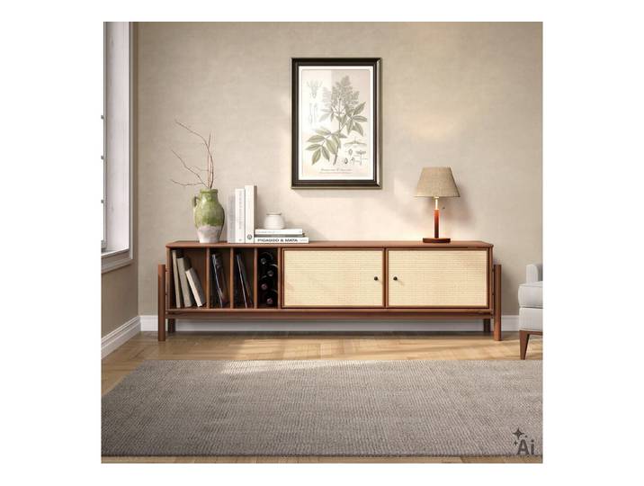 IDIMEX Lowboard MONA, Schallplattenschrank 170 cm aus Massivholz mit Rattan Kastanie Finish