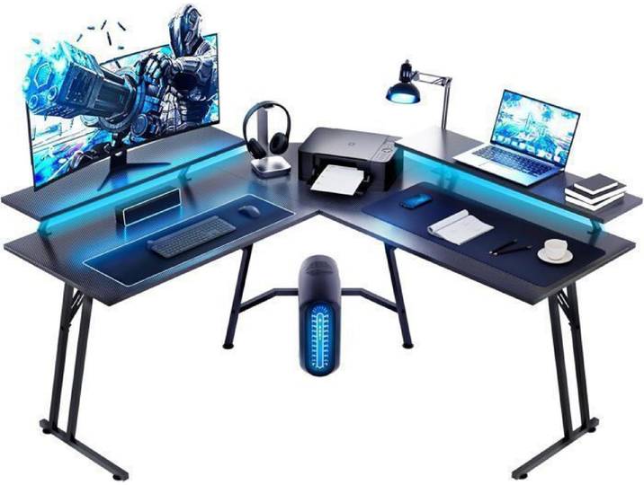 HLONONE Bureau Gaming 130 x 130 cm Bureau Gaming d'Angle pour Bureau et Chambre à Coucher Bureau Gaming en Fibre de Carbone Noir