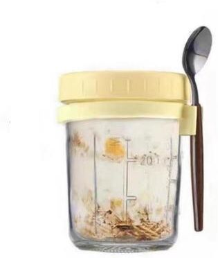 Multicon Wholesale Hub Transparent Glass High Value Oat Cup With Lid And Spoon, Multi Color Breakfast Cup, Sealing With Scale beige