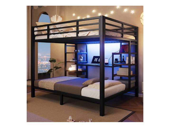 Flieks Etagenbett, Metallbett 90/140x200cm mit offenen Regalen, LED-Beleuchtung, Aufladen