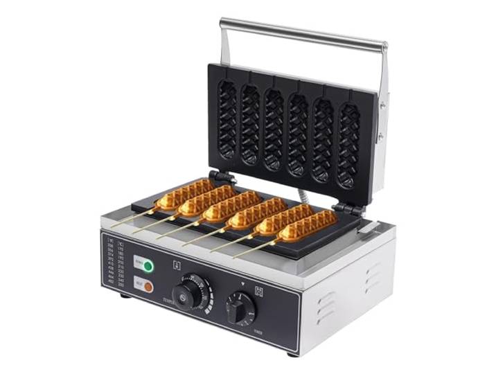 HeinaTond 1500W Edelstahl Waffeleisen Waffeln Am Stiel Kommerzielles Waffeleisen für Corn Dogs 6 Waffeln in 5 Minuten Einstellbare Temperatur 50-300℃ Stielwaffeln für Bäckereien Restaurants Kioske