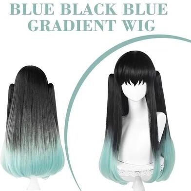 Inspired Living Muichiro Tokito Cosplay Wig Black to Cyan Gradient, Heat Resistant Synthetic Anime Wig Muichiro Tokito Cosplay Wig Black to Cyan Gradient, Heat Resistant Synthetic Anime Wig