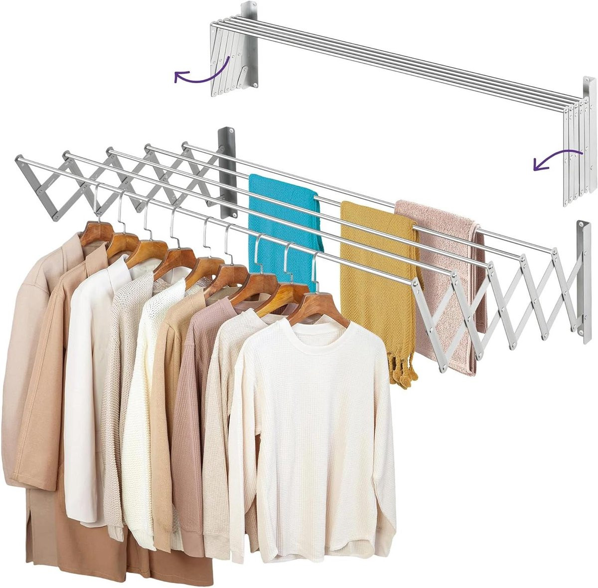 Uitschuifbaar aluminium wand droogrek voor kleding en balkon - Zilver