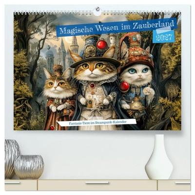 Magische Wesen im Zauberland - Fantasie-Tiere im Steampunk-Kalender (hochwertiger Premium Wandkalender 2027 DIN A2 quer), Kunstdruck in Hochglanz