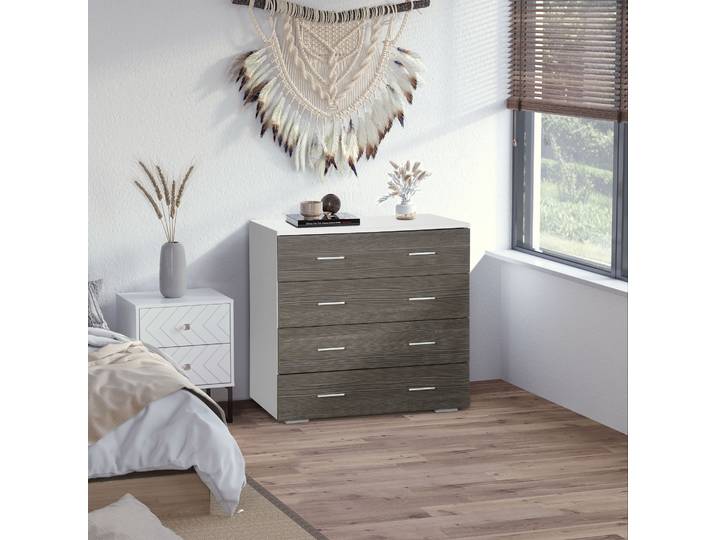 HOMCOM Commode 4 Tiroirs Blanc et Gris Style Contemporain