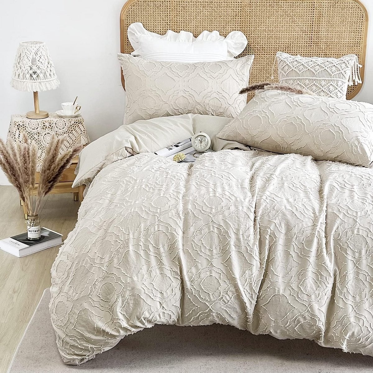 Bohemian Tufted Beddengoed Set - Beige Geometric Dubbelzijdig Dekbedovertrek