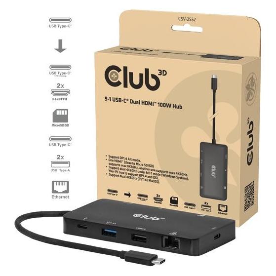 Club 3D USB Hub - CSV-2552 (USB-C to 2xUSB-C, 2xUSB-A, 2xHDMI, RJ45, SD/MicroSD, 100W PD, 4K60hz) (USB-C) (PERCLUCSV-2552)