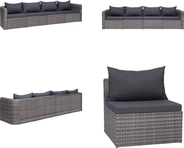 vidaXL 4 tlg. Garten Sofagarnitur mit Kissen Grau Poly Rattan - Gartensofa-Set - Gartensofa-Sets - Gartengarnitur - Gartengarnituren
