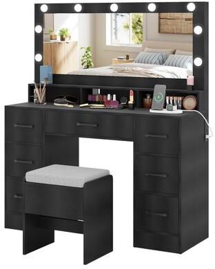 Costway Vanity Desk with Mirror and Lights Makeup Table with Power Outlets-Black