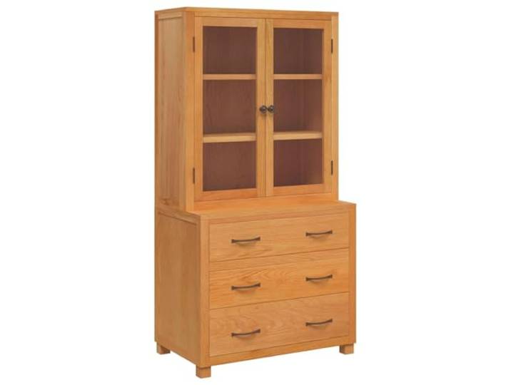 Makastle Aufbewahrungsschrank Braun Massives Eichenholz 80 x 50 x 160 cm mit 3 Schubladen und 2 Glastüren Anti-Kipp-Vorrichtung