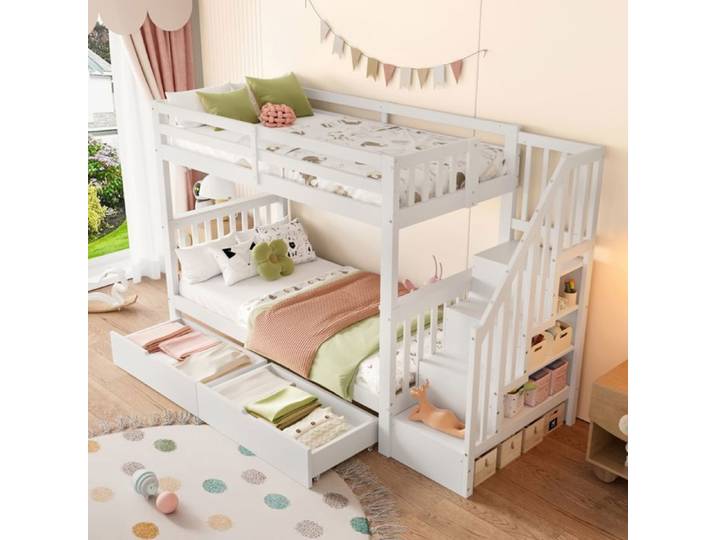 Lit Superposé - PDZZZD - 90x200cm - Blanc - Escalier de Rangement - 2 Tiroirs