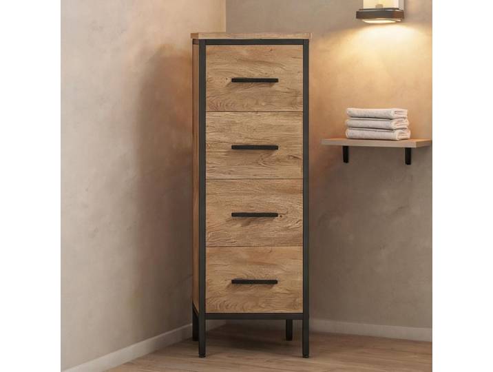Meuble de salle de bain finition chêne 4 tiroirs 30x30x82 cm style industriel