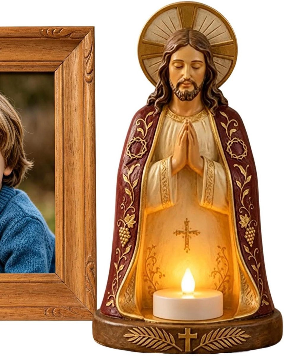 Ambachtelijke Jezus Kaarsenhouder van Hars voor Theelicht - Religieus Beeldje voor Feestdagen Decoratie