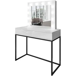 SCHMINKTISCH BLANCO LOFT mit Spiegel und Beleuchtung Weiß Hochglanz PUSH OPEN