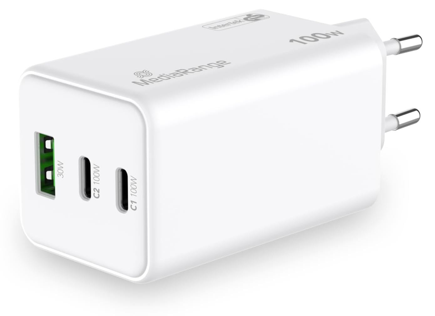 MediaRange MRMA123 Oplader 100W met 3 poorten: 2x USB-C en 1x USB-A, wit
