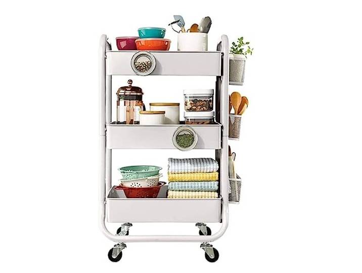DFHetFH Rollwagen 3-stufiger Rollwagen Aus Metall Mit Abnehmbarem Griff Für Küche, Esszimmer, Büro, Sortierküche, Aufbewahrungsregal Küchenwagen(White)
