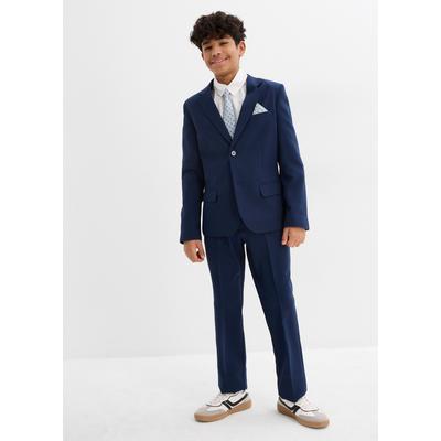 Anzug BONPRIX, Jungen, Gr. 152, N-Gr, blau (dunkelblau, weiß), Web, Obermaterial: 100% Baumwolle, mehrfarbig, unifarben, festlich, normal, Anzüge, bestehend aus Hose mit verstellbarem Bund, Hemd, Sakko und Krawatte