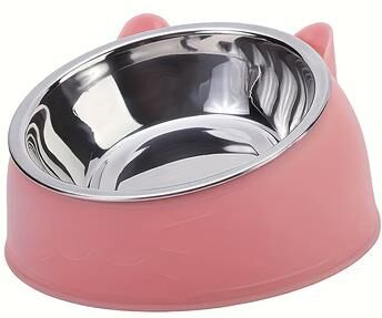 DynamicDeals WhiskerEase Elevated Cat Bowl With Stainless Steel Tilted Feeding Dish For Cats pink