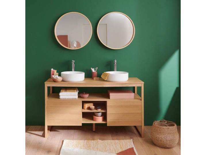 Meuble ATOLL double 140cm chêne vasques blanches robinets miroir