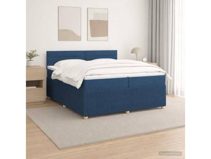Boxspringbett blau 200 x 200 cm mit Stoffmatratze Verstellbares Kopfteil, mehrfarbige USB-LED-Lichter, abnehmbare Bezüge, Taschenfedern, Holz