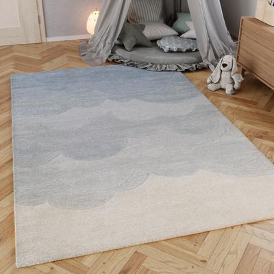 Kinderteppich SMART KIDS "Mika", blau, B:70cm H:1,2mm L:140cm, Wolle, Teppiche, Kinderteppich, aus Naturfasern, dezentes Wolken-Motiv, pastellfarben, Kinderzimmer