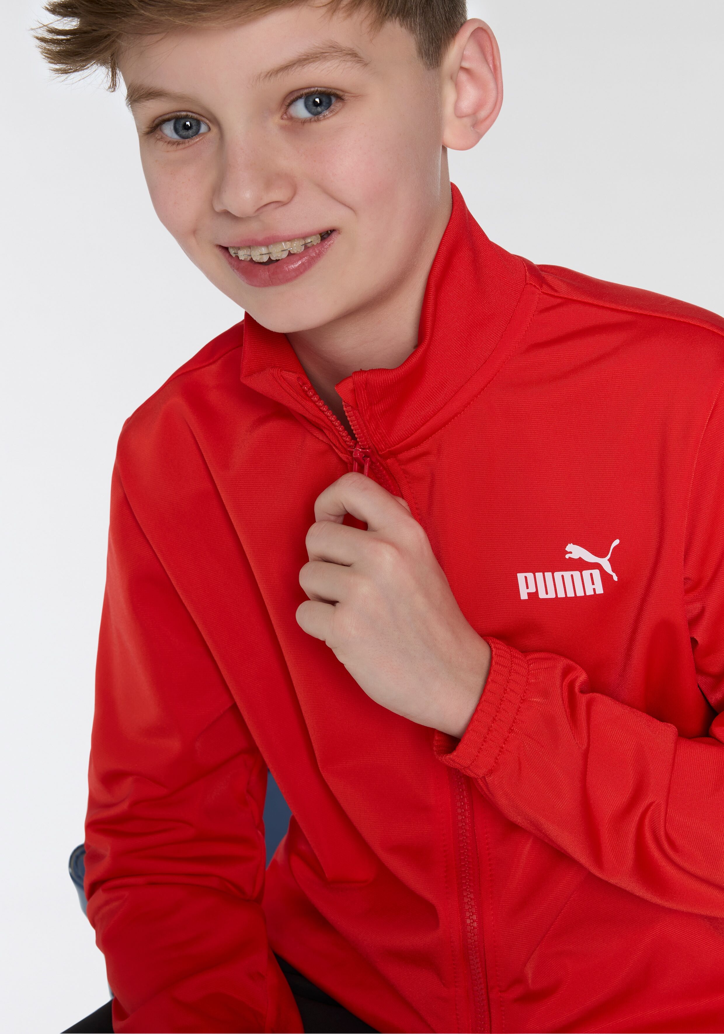 Trainingsanzug PUMA "POLY SUIT B", Jungen, Gr. 128, rot (for all time rot), Trikot, Obermaterial: 100% Polyester, unifarben, regular fit, Sportanzüge Trainingsanzug, zweiteiliges Set mit Jacke und Hose, für Jugendliche, Regular Fit for all time rot 128