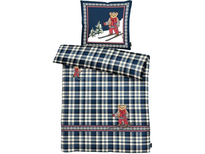 Bettwäsche APELT Mati , blau, B/L: 135cm x 200cm, 1 Stk., 1 Stk., Satin (Bio-Baumwolle), B/L: 80cm x 80cm, 2 Stk., Satin (Bio-Baumwolle), Obermaterial: 100% Baumwolle, Bettwäsche, Bettwäsche, Karomuster mit Norwegerbordüre und Bär auf Skiern