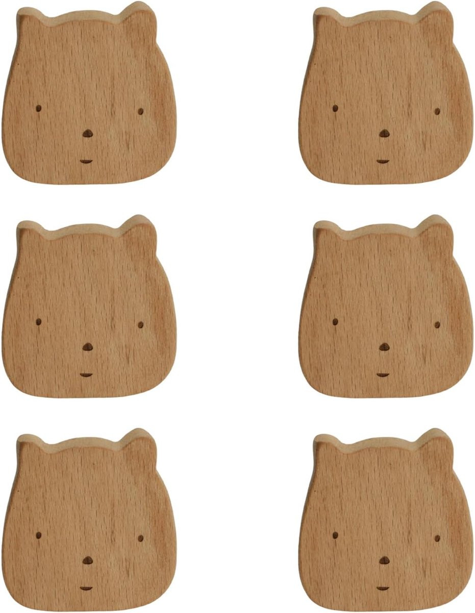 Set van 6 berenvormige houten kastknoppen van beukenhout