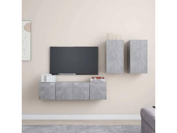 HEFZGDB 4-TLG. TV-Schrank-Set Betongrau Holzwerkstoff Wandmontage Stauraum Organizer