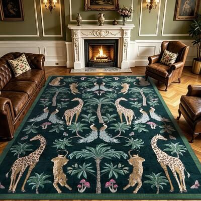 Garvee Jungle Animal Botanical Printed Foldable Washable Area Rug, Soft Faux Cashmere Floor Mat