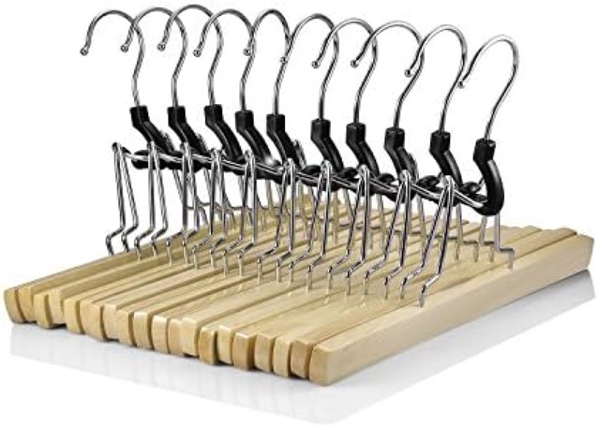 PromoHome Set van 10 houten broekhangers met viltbekleding, 25 cm