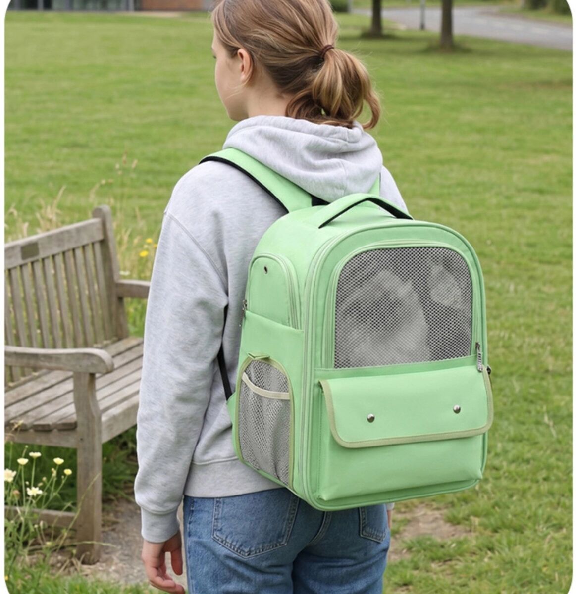 INF Haustier-Rucksack mit Fütterungsfenster und atmungsaktivem Netz – Multi-Carry Oxford-Stoff + Polyester für Katzen und Grün